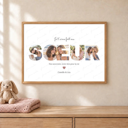 Affiche sœur personnalisée encadrée en bois avec collage de photos souvenirs