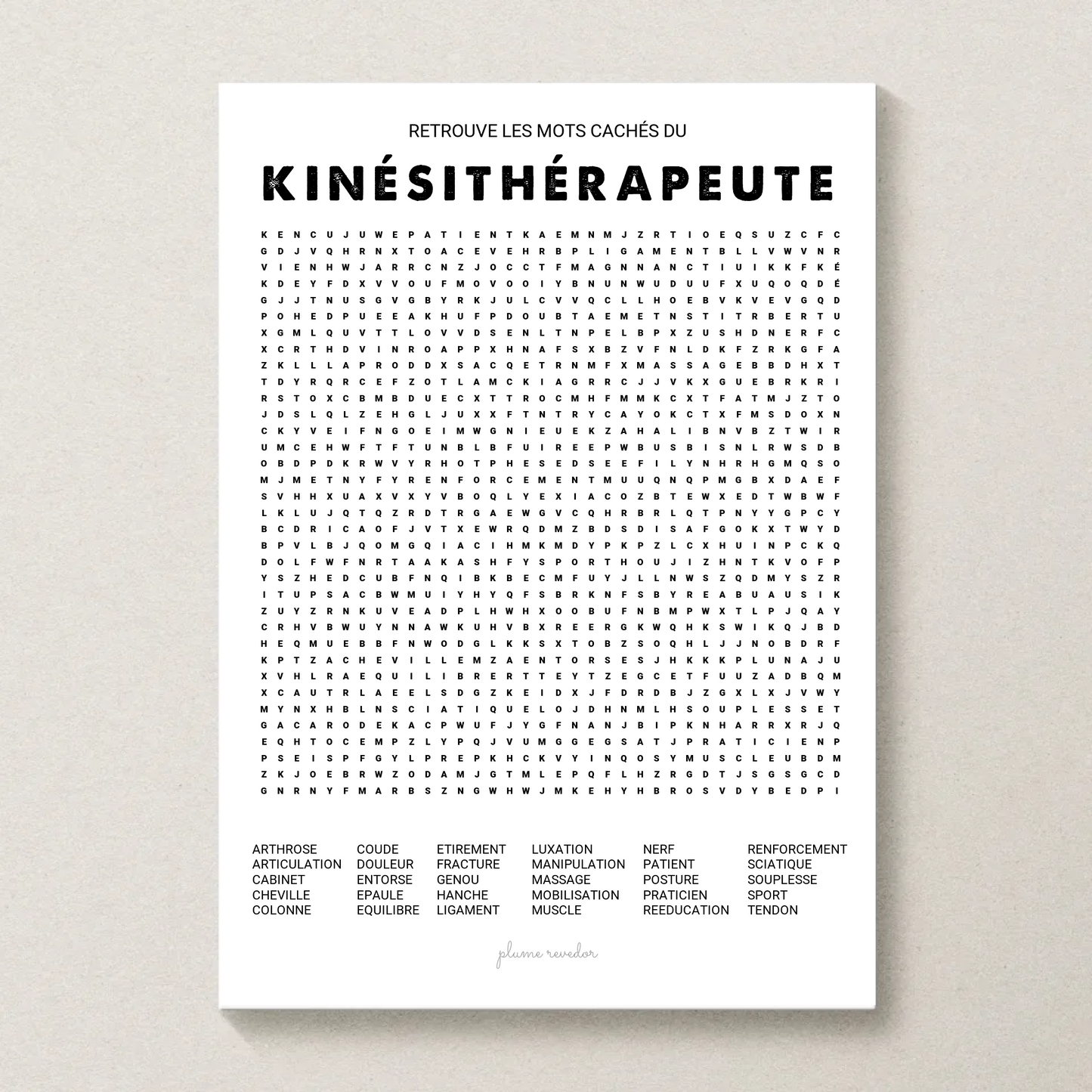 Poster mots mêlés kinésithérapeute encadré dans une salle d'attente de cabinet