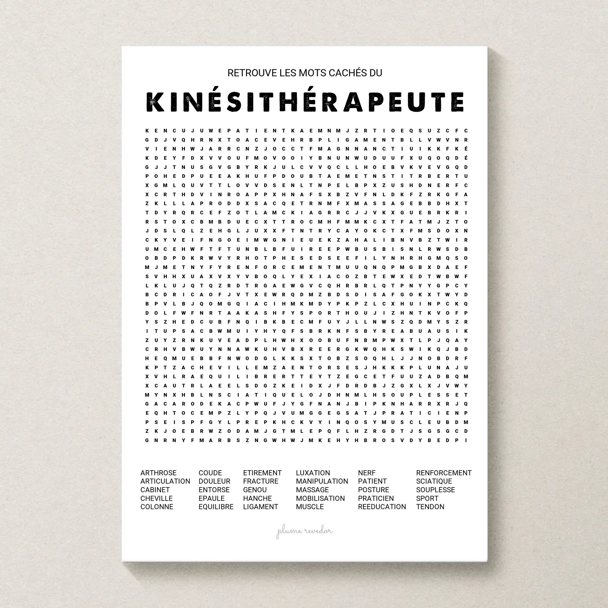 Poster mots mêlés kinésithérapeute encadré dans une salle d'attente de cabinet