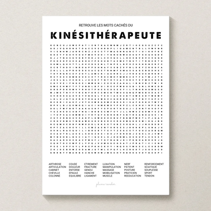 Poster mots mêlés kinésithérapeute encadré dans une salle d'attente de cabinet