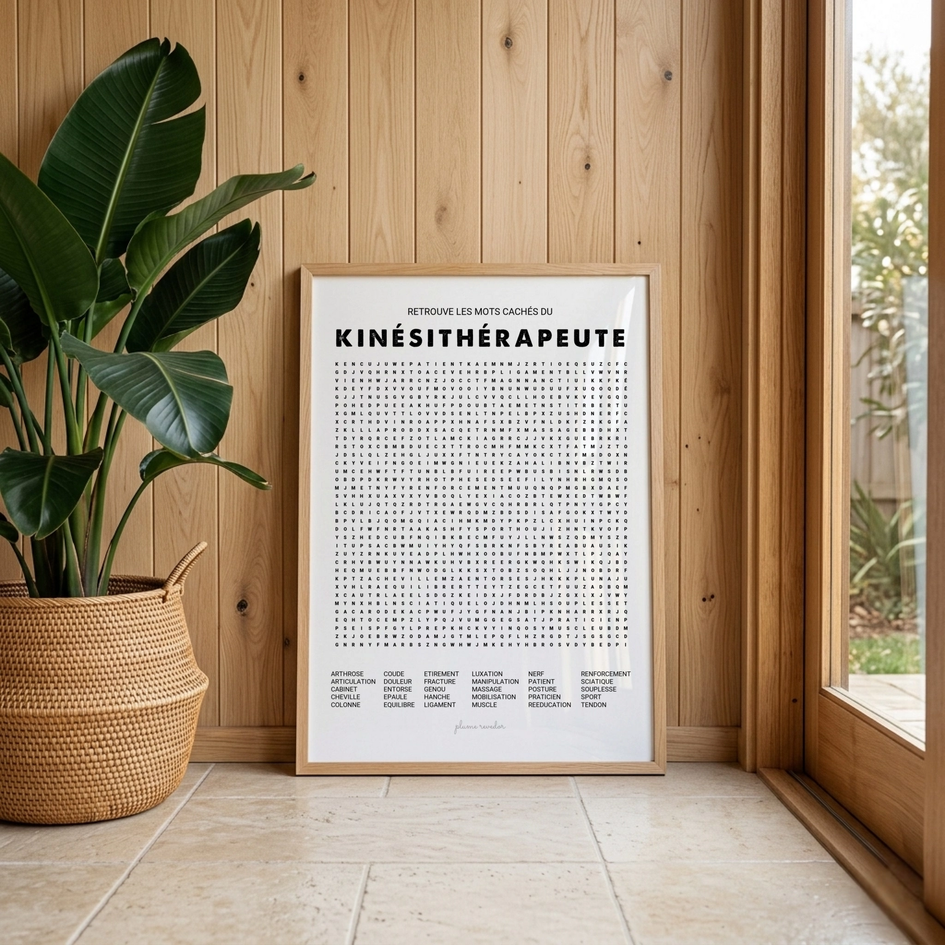 Affiche mots cachés kinésithérapeute noir et blanc – cadeau kiné et déco salle d'attente