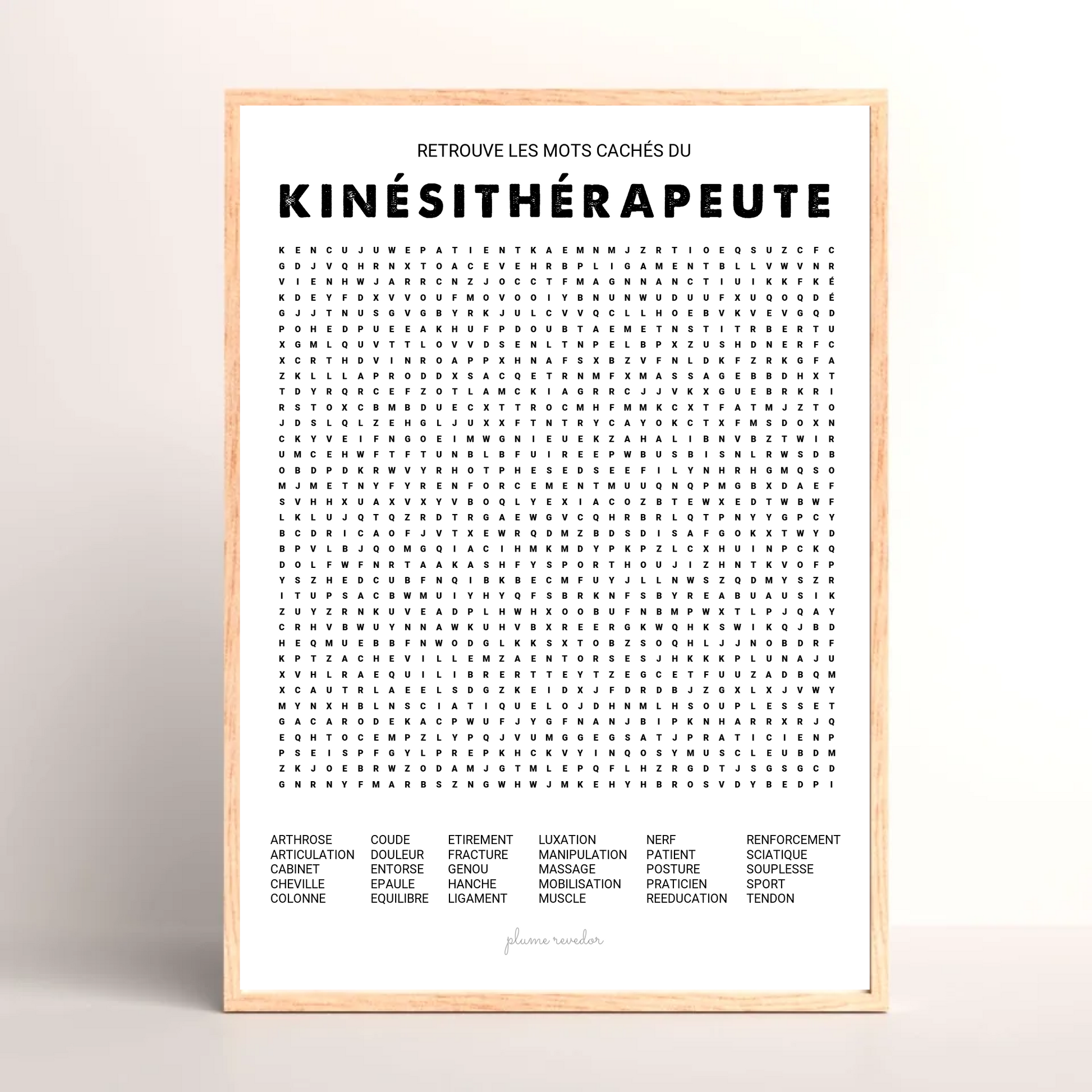 Poster mots mêlés kinésithérapeute encadré dans une salle d'attente de cabinet