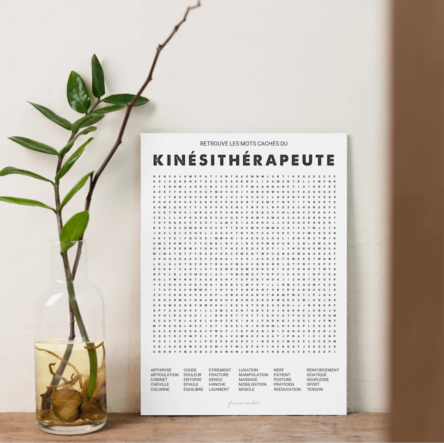 Poster mots mêlés kinésithérapeute encadré dans une salle d'attente de cabinet