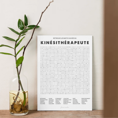 Poster mots mêlés kinésithérapeute encadré dans une salle d'attente de cabinet