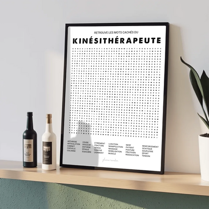 Poster mots mêlés kinésithérapeute encadré dans une salle d'attente de cabinet