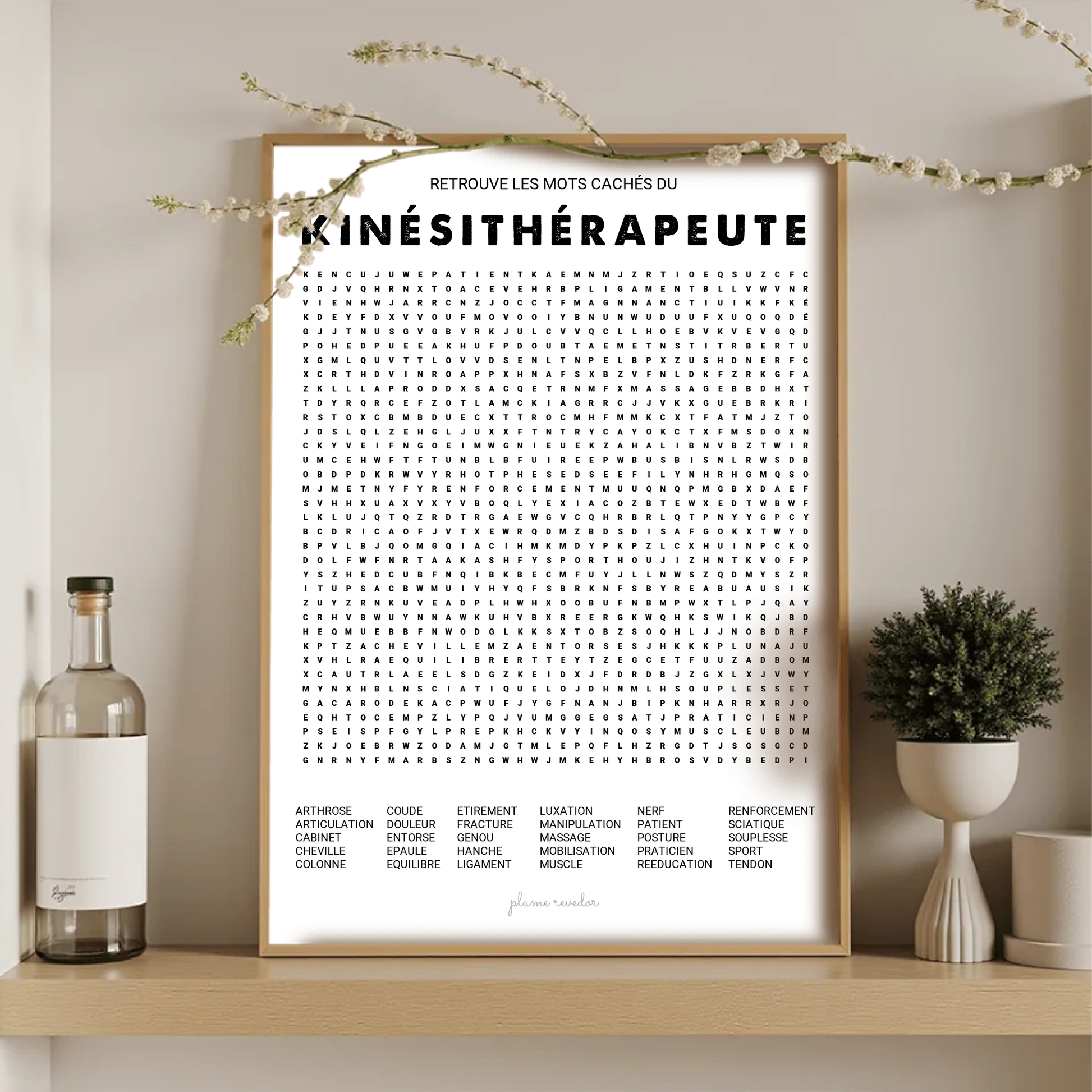 Poster mots mêlés kinésithérapeute encadré dans une salle d'attente de cabinet