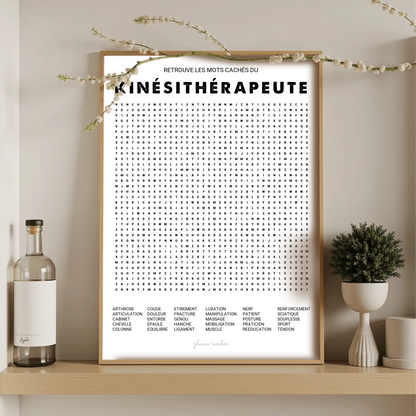 Poster mots mêlés kinésithérapeute encadré dans une salle d'attente de cabinet