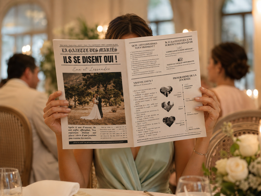 Gazette des mariés à personnaliser sur Canva — modèle Plume Revedor