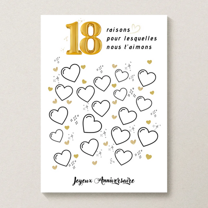 Affiche personnalisée 18 raisons pour lesquelles nous t'aimons - Livre d'OR 18 ans