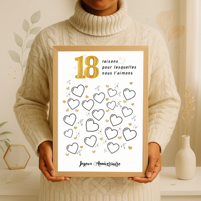 Affiche personnalisée 18 raisons pour lesquelles nous t'aimons - Livre d'OR 18 ans