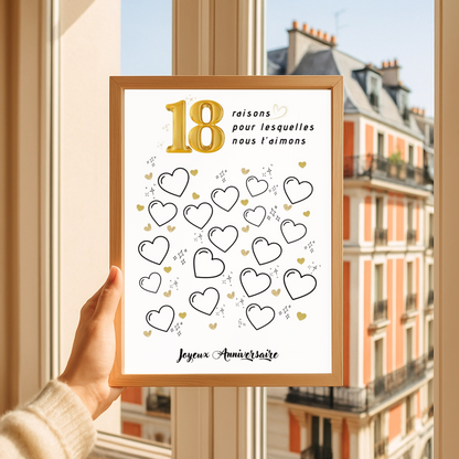 Affiche personnalisée 18 raisons pour lesquelles nous t'aimons - Livre d'OR 18 ans