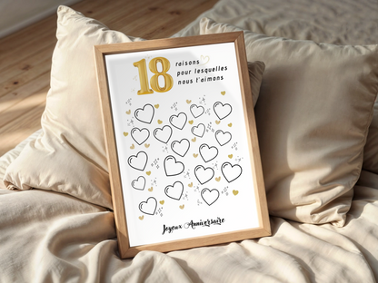 Affiche personnalisée 18 raisons pour lesquelles nous t'aimons - Livre d'OR 18 ans