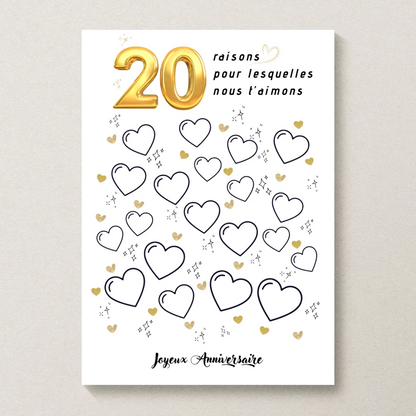 Affiche personnalisée 20 raisons pour lesquelles nous t'aimons - Livre d'OR 20 ans