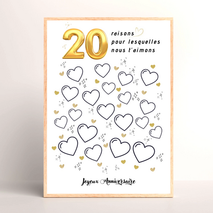 Affiche personnalisée 20 raisons pour lesquelles nous t'aimons - Livre d'OR 20 ans