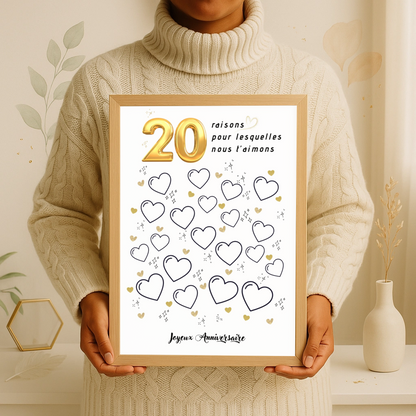 Affiche personnalisée 20 raisons pour lesquelles nous t'aimons - Livre d'OR 20 ans