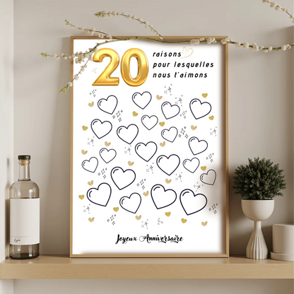 Affiche personnalisée 20 raisons pour lesquelles nous t'aimons - Livre d'OR 20 ans