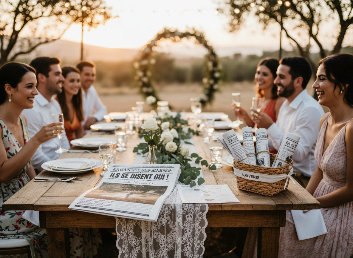 Journal des mariés personnalisé présenté sur une table de mariage