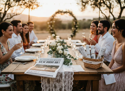 Journal des mariés personnalisé présenté sur une table de mariage