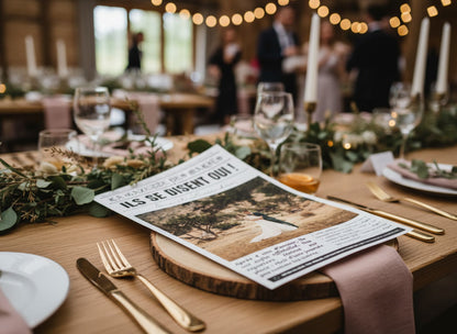 Gazette de mariage posée sur une table décorée le jour J