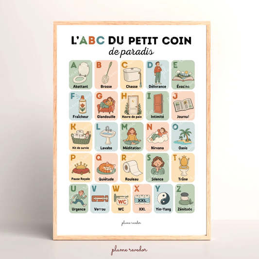 Abécédaire « L’ABC du petit coin de paradis », aux cases pastel, présenté dans un cadre en bois clair.
