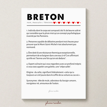 Affiche sans cadre avec la définition humoristique de Breton, texte noir et petits cœurs rouges sur fond blanc.