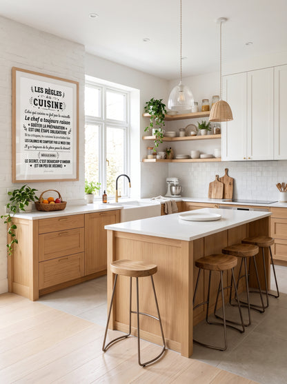 Affiche « Les règles de la cuisine » accrochée au mur dans une cuisine lumineuse avec un îlot en bois.
