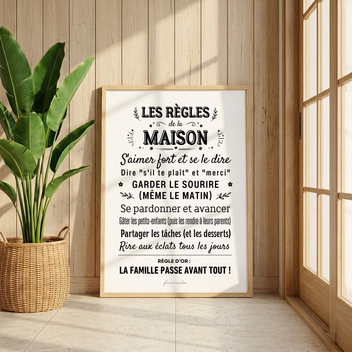 Vue de l’affiche « Les règles de la maison » près d’une fenêtre, dans un cadre clair et un intérieur lumineux.